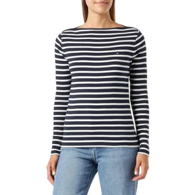 Imagen de Tommy Hilfiger Mujer Camiseta de manga larga Slim Cody Rib algodón, Multicolor (Breton Desert Sky/Ecru), S