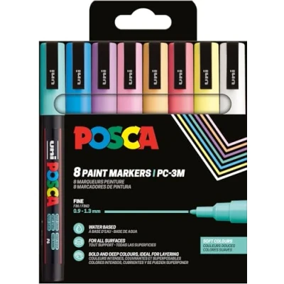 Imagen de Uni Ball 186552 POSCA Marker Set, 8 rotuladores acrílicos PC 3M, rotulador permanente 0,9 1,3 mm punta redonda