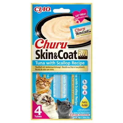 Imagen de INABA Churu Skin &amp; Coat Puré de Atún y Vieira para Gatos Omega 3 6 Taurina Snacks Felinos, Textura Cremosa Comida Gatos, Piel Pelaje 4Tubos x 14g