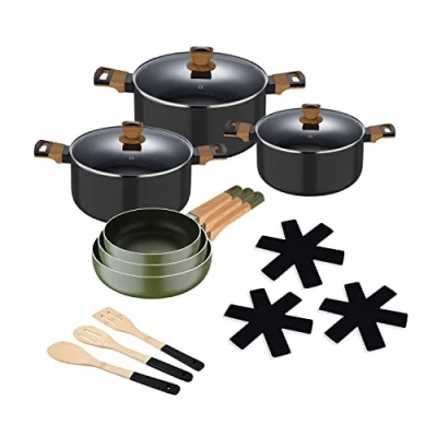 Imagen de SAN IGNACIO Earth Batería de Cocina 12 Piezas Incluye Sartenes, Cacerolas, Accesorios y Protectores Fabricadas con Aluminio Prensado Juego Sartenes Antiadherentes Todo Tipo Cocinas