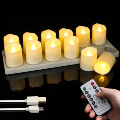 Imagen de FREEPOWER 12 velas LED recargables con base de carga, cable USB y mando a distancia, función temporizador, parpadeo en blanco cálido, diámetro 4 x 4,5 cm