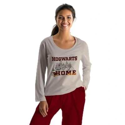 Imagen de Harry Potter Pijama para Mujer Hogwarts is My Home Conjunto de Manga Larga Top con Pantalones Beige/Rojo, Gris y negro., L