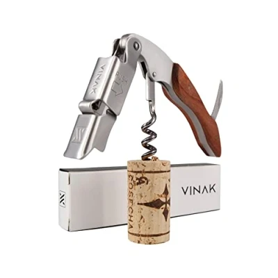 Imagen de VINAK Sacacorchos camarero profesional XPERT en acero inoxidable y madera con doble apoyo articulado + abrebotellas navaja cortacápsulas espiral