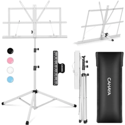 Imagen de CAHAYA Soporte para Partituras Plegable &amp; Atril de Escritorio Libros 2 EN 1 con Altura Ajustable 70 138cm Incluye Bolsa Transporte Color Blanco