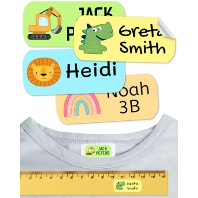 Imagen de Etiquetas para ropa SIN PLANCHAR resistentes a los lavados. Pegatinas personalizadas material escolar. Adhesivas niños, guardería y colegios. (Animales, 100 Etiquetas)