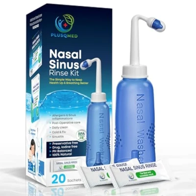 Imagen de Kit de enjuague sinusal, botella 300 ml + 40 sobres sal, olla Neti, lavado nasal, ducha nasal para adultos limpieza nariz y nasal. PLUSQMED