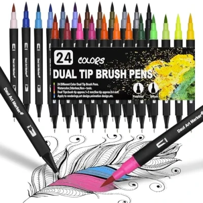 Imagen de Dual Brush Pen Set de 24 rotuladores doble fibra, lápices acuarela a base agua para Watercolo Bullet Journal Handlettering caligrafía manga libros colorear con y