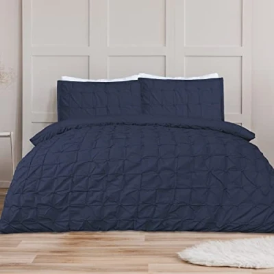 Imagen de Sleepdown Rouched Pleat Navy Bedding Double Juego Fundas de Almohada (200 x 200 cm), Color Azul Marino, Algodón, Set edredón Doble