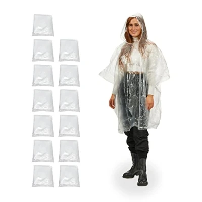 Imagen de Relaxdays, Juego Unidades Pack de 13 Chubasqueros, Capas Impermeables con Capucha, Ponchos Lluvia Desechables, Unisex, Transparente, 120 x 0.1 cm