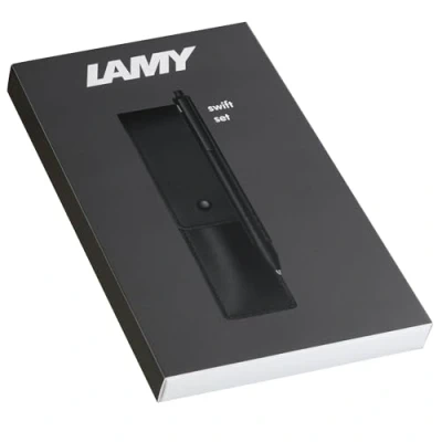 Imagen de Lamy swift matt black roller set de regalo con sensación escritura fluida cuerpo metal y ancho trazo B recambio M 66 en azul estuche cuero natural incl.