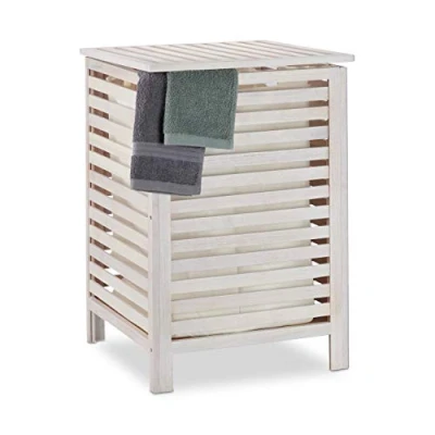 Imagen de Relaxdays Cesto Ropa Sucia Hecho de Madera Nogal con Tapa, Cubo Colada Saco Lavable 52 l, 65,5x45x45 cm, Blanco