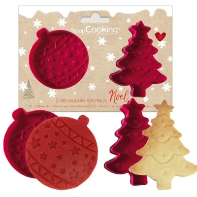 Imagen de ScrapCooking 2145 Juego de 2 cortadores con expulsores navideños, diseño árbol y bola Navidad, troqueladores galletas en 3D
