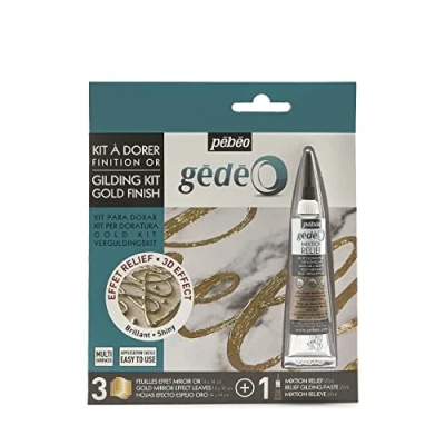 Imagen de PEBEO Kit de mezcla alivio dorado 20 ml + 3 hojas efecto espejo, madera metal, foils,