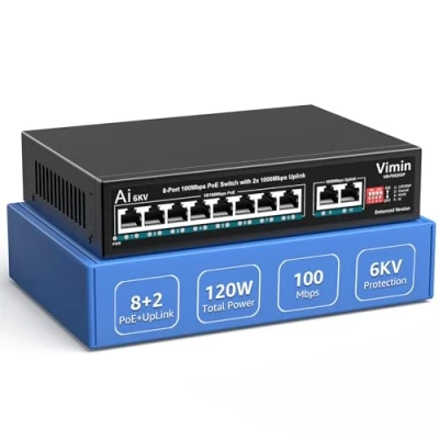 Imagen de Switch PoE de 10 Puertos con 8 PoE, VIMIN Red no Gestionado 10/100Mbps 2 Gigabit Uplink, AI Watchdog, VLAN, Extender 250m, Soporte IEEE802.3af/at