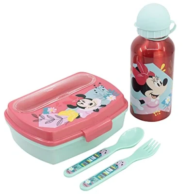Imagen de Set de botella aluminio 400 ml y fiambrera con cubiertos Minnie Mouse