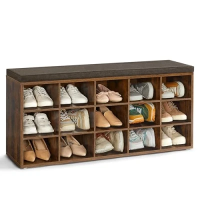 Imagen de VASAGLE Banco Zapatero, Mueble Recibidor con 15 Compartimentos y Asiento Acolchado, 30 x 105 48 cm, para Entrada Dormitorio Sala de Estar, Marrón Rústico Castaña LHS15BX
