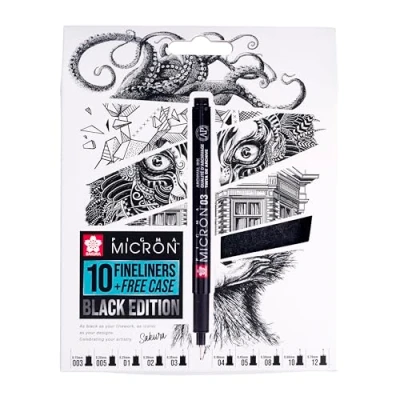 Imagen de Sakura Pigma Micron Fineliners Juego de 10 rotuladores punta fina + estuche tinta negra resistente al agua, varios tamaños Bolígrafos para escribir, dibujar y diario
