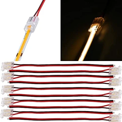 Imagen de Boarda 8 mm con conectores de tira LED COB, 10 a cable 2 pines + para tiras luces COB individuales (8 mm, un conector 15 cm)