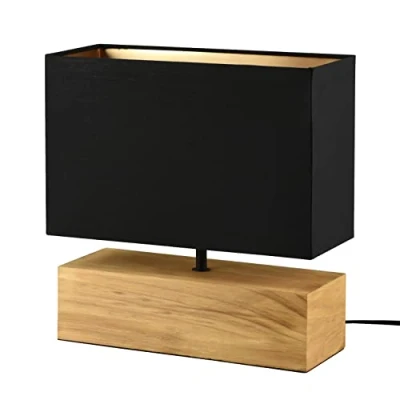 Imagen de Reality Leuchten R50181080 Woody Lámpara de mesa (metal negro mate, pie madera, pantalla tela negro/dorado, no incluye 1 bombilla E27)