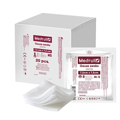 Imagen de Medrull compresas estériles de gasa 100 unidades (20 x 5 unidades), 8 capas, 7.5cm 7.5 cm Material para apósitos, heridas, vendas gasa, apósitos heridas