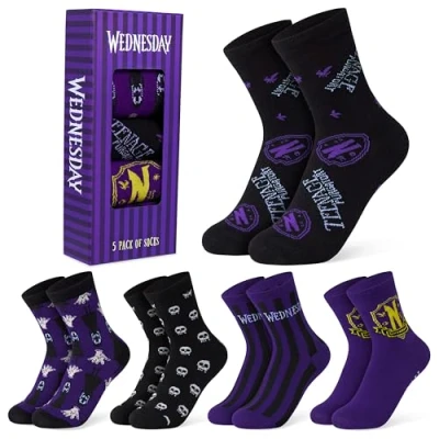 Imagen de Wednesday Calcetines Niña Miércoles Addams, Set 5 Pares Divertidos Tallas 30 35 y 40 Regalos para Niñas (Morado/Negro, 40)
