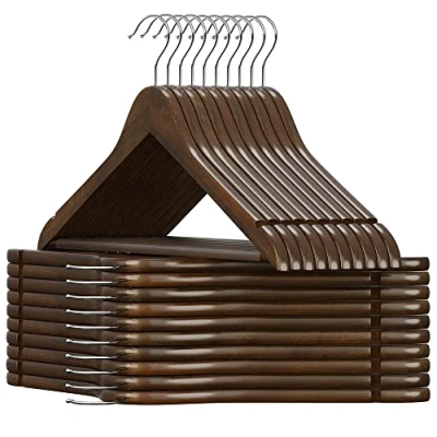 Imagen de SONGMICS Percha de Madera Maciza, Juego 20, con Ranuras para Hombros, Barra Antideslizante Pantalones, Gancho Giratorio 360, Trajes, Camisas, Abrigos, Nogal Oscuro y Plata CRW02V20