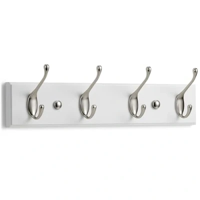 Imagen de LARHN Perchero Pared Blanco y Níquel Mate 4 Colgadores Dobles 42 cm Percheros de Diseño para Recibidores, Entradas, Dormitorios Modernos, Habitaciones Infantiles Baños