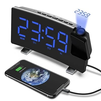 Imagen de VORRINC Despertador de proyección Radio Digital, Reloj Despertado con 180 Giratorio 2 Alarmas, Puerto USB, 8 Pulgadas Pantalla LED Espejo, para Casa Dormitorio Oficina