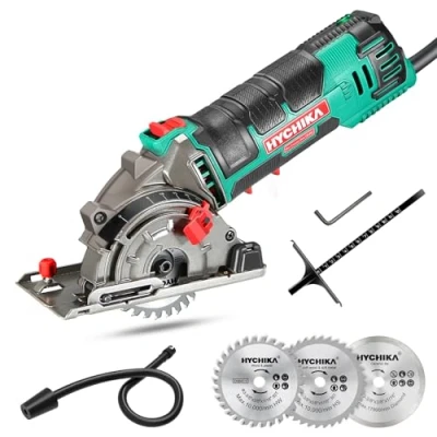 Imagen de HYCHIKA Mini Sierra Circular de Mano, 500W Circular, 4500RPM Motor Cobre Puro, 3 Hojas 30T+ 36T+ Diamente, Ideal para Cortar Azulejo, Madera, Metal Blando, Plástico
