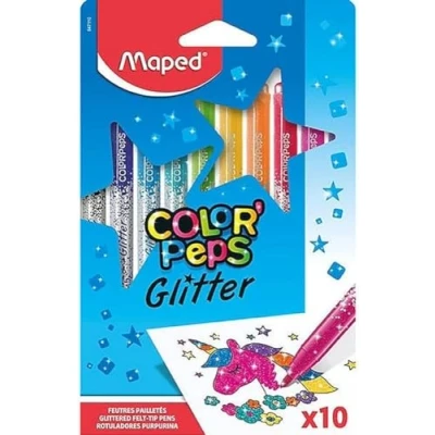Imagen de Maped Rotuladores Color&#039;Peps Glitter Alta Opacidad con Purpurina Intensa, 10 Unidades Lavables para Dibujar y Colorear, Punta Mediana Firme de 2,8 mm, Cumple Legislación Juguetes