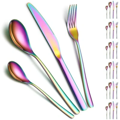 Imagen de ReaNea Cubiertos 24 Piezas Servicio para 6, Juego de Titanio Arco Iris Incluye Cuchillos, Cucharas, Tenedores, Cucharillas, Lavavajillas
