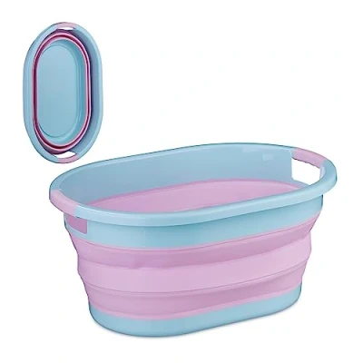 Imagen de Relaxdays Cesta para la Colada Plegable 22 litros, Cubeta Lavado Plástico con Asas, Resiste hasta 30 kg, Rosa y Azul, 24 x 53 38 cm