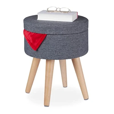 Imagen de Relaxdays Redondo Taburete con Patas de Madera y Función Mesa, Tapa Acolchada, Almacenaje, 45,5 x 37 cm, Gris Natural, Tablero Fibras