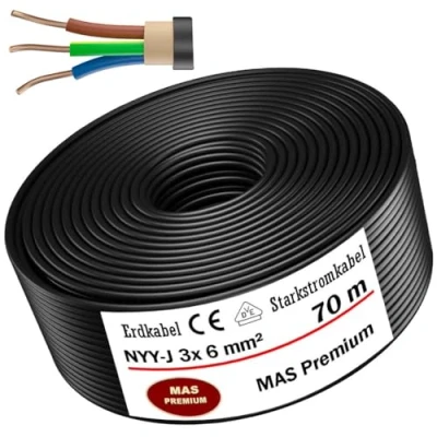 Imagen de cable subterráneo MAS Premium® Anillo de eléctrico marca alemana para instalación en el y al aire libre (NYY J 3 x 6 mm², 70 m)