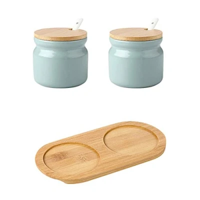 Imagen de OnePine Juego de 2 Azucarero cerámica, 300ml contenedores para Especias azúcar Pot con Tapa bambú y Cuchara, perfecto el hogar la cocina