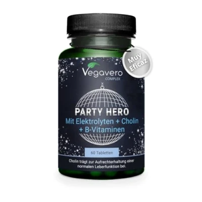 Imagen de Party Hero 60 comprimidos Remedio Anti Resaca con Electrolitos y Protección Hepática Magnesio, Sodio, Zinc, Vitaminas B C 100% Vegano, Sin Aditivos, No OMG Vegavero®
