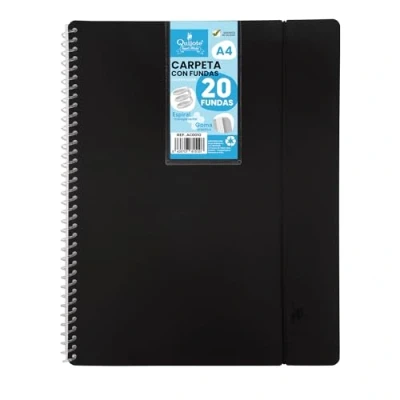 Imagen de Quijote Paper World Carpeta Espiral Flexible Organizadores, con 20 fundas, transparentes lisas, A4, tapa de plástico resistente. Uso oficina, escolar, personal Color NEGRO.