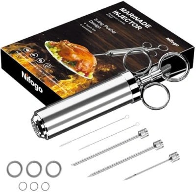 Imagen de Jeringa Salsa BBQ, Inyector De Sabor, Carne, Aguja para Especias, Condimentos, 60ml, 3 agujas, 2 Cepillos Limpieza y 4 O Anillo Silicona (Plata)