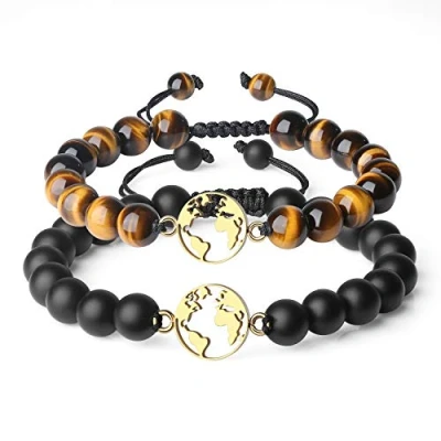 Imagen de COAI Pulsera de Larga Distancia para Pareja Novios con Cuentas Ónice y Ojo Tigre Piedras Naturales Amuleto Globo