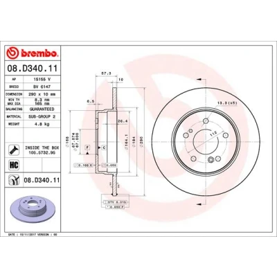 Imagen de BREMBO 08.D340.11 Disco de freno 290 10 5 macizo revestido altamente carbonizado con tornillos MERCEDES BENZ: SL Cabrio