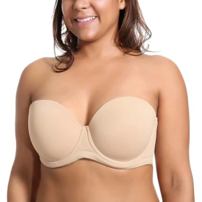 Imagen de DELIMIRA Sujetador sin Tirantes con Aros Tallas Grandes Invisible Multiposicion para Mujer Beige 90B