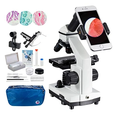 Imagen de 2000x Microscopio Compuesto de Regla móvil Laboratorio con LED, Accesorios para microscopio, portaobejtos preparados y en Blanco Adaptador Lente