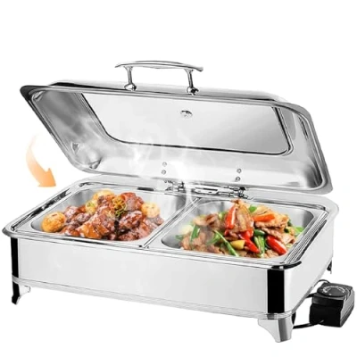 Imagen de VFDZ 9L Chafing Dish Electrico de Acero Inoxidable, Calentador Comida para Buffet con Ajuste Perilla Temperatura, Tapa Visible(A, 1/2 Pan)