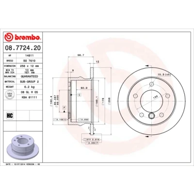 Imagen de BREMBO 08.7724.20 Disco de freno 258 12 5 macizo altamente carbonizado MERCEDES BENZ: Sprinter 3 T Furgón, 2 Furgón