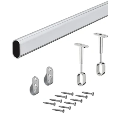 Imagen de GEDOTEC Barra Ropa Armario OVAL Perchero Metalico para Colgar y Cortinas en Ropero, Mueble, Dressing con 2 Soportes de Techo Pared 1 Juego Completo Tubo Acero Cromado 30 x 15 1500 mm