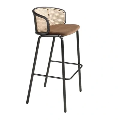 Imagen de Ángel Cerdá Taburete con Reposabrazos en Terciopelo Marrón y Rattan Patas de Acero Negro Diseño Vanguardista Taburetes Altos Cocina Mueble Sillas 51 x 50 95 cm
