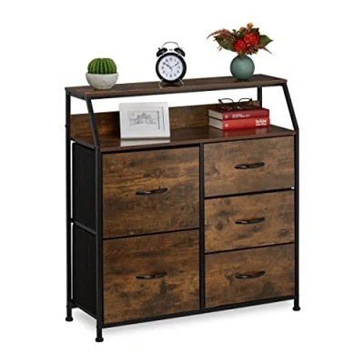 Imagen de Relaxdays Cómoda 5 Cajones y 2 Baldas, Libros Decoración, Cajonera Estilo Industrial, 87x84x32 cm, Marrón Negro, Tablero de Fibras, 87 x 84 32 cm Aprox