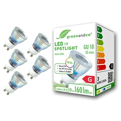 Imagen de greenandco 5x Spot LED IRC 90+ GU10 35mm 3W (corresponde a 30W) 160lm 3000K (blanco cálido) 50 230V AC, sin parpadeo, no regulable