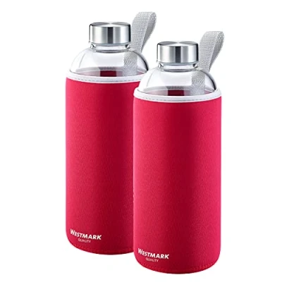 Imagen de Westmark Set de botellas, 2 unidades, botellas con estampado para bebidas, incl. 1 funda protectora cada una, 1000 ml, Vidrio/Silicona/Goma, Sin BPA, Viva, Rojo/Plateado/Transparente, 527422E7