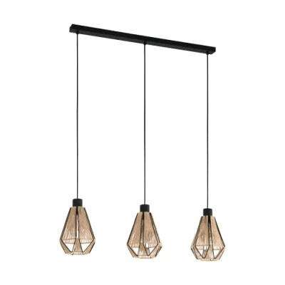 Imagen de Eglo lámpara colgante Adwickle para comedor, luminaria de 3 luces sala y pendiente textil cáñamo en color natural metal negro, con casquillo E27